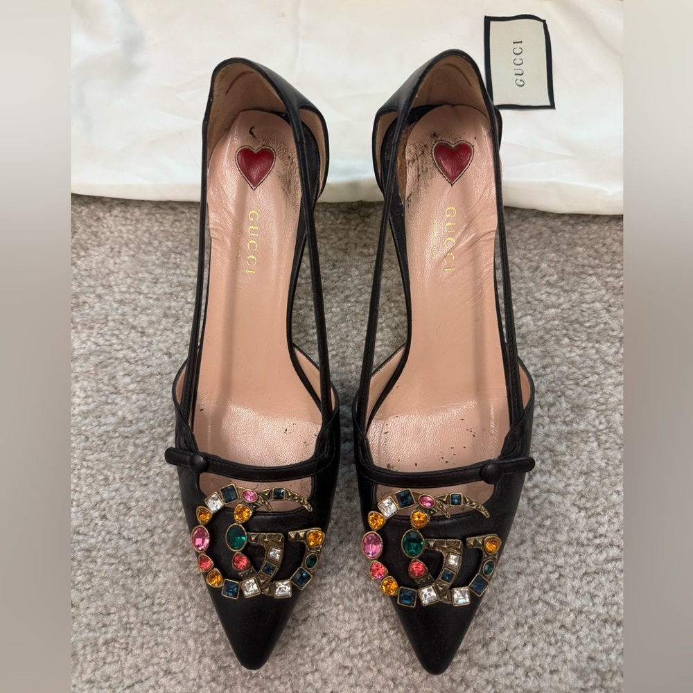 Authentic Gucci Black Heels with Multicolor Embellishments sling back women’s
